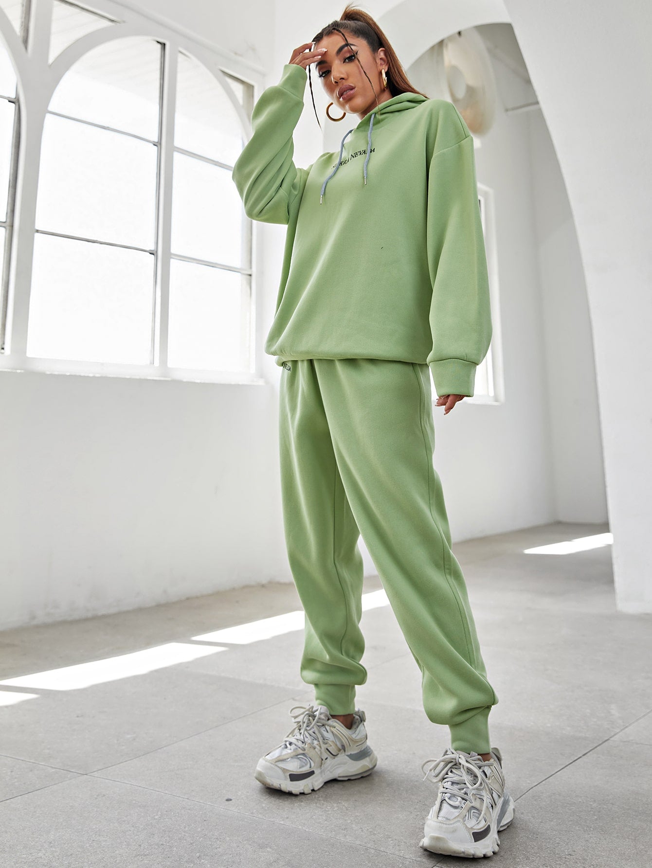 Letter Embroidery Drop Shoulder Hoodie & Sweatpants