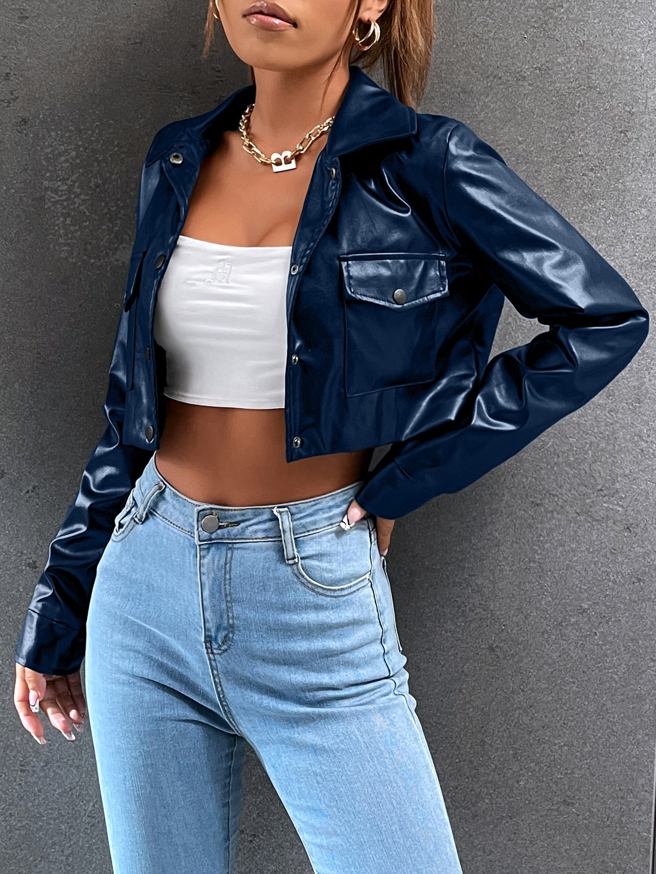 PU Leather Dual Pocket Button Front Crop Jacket