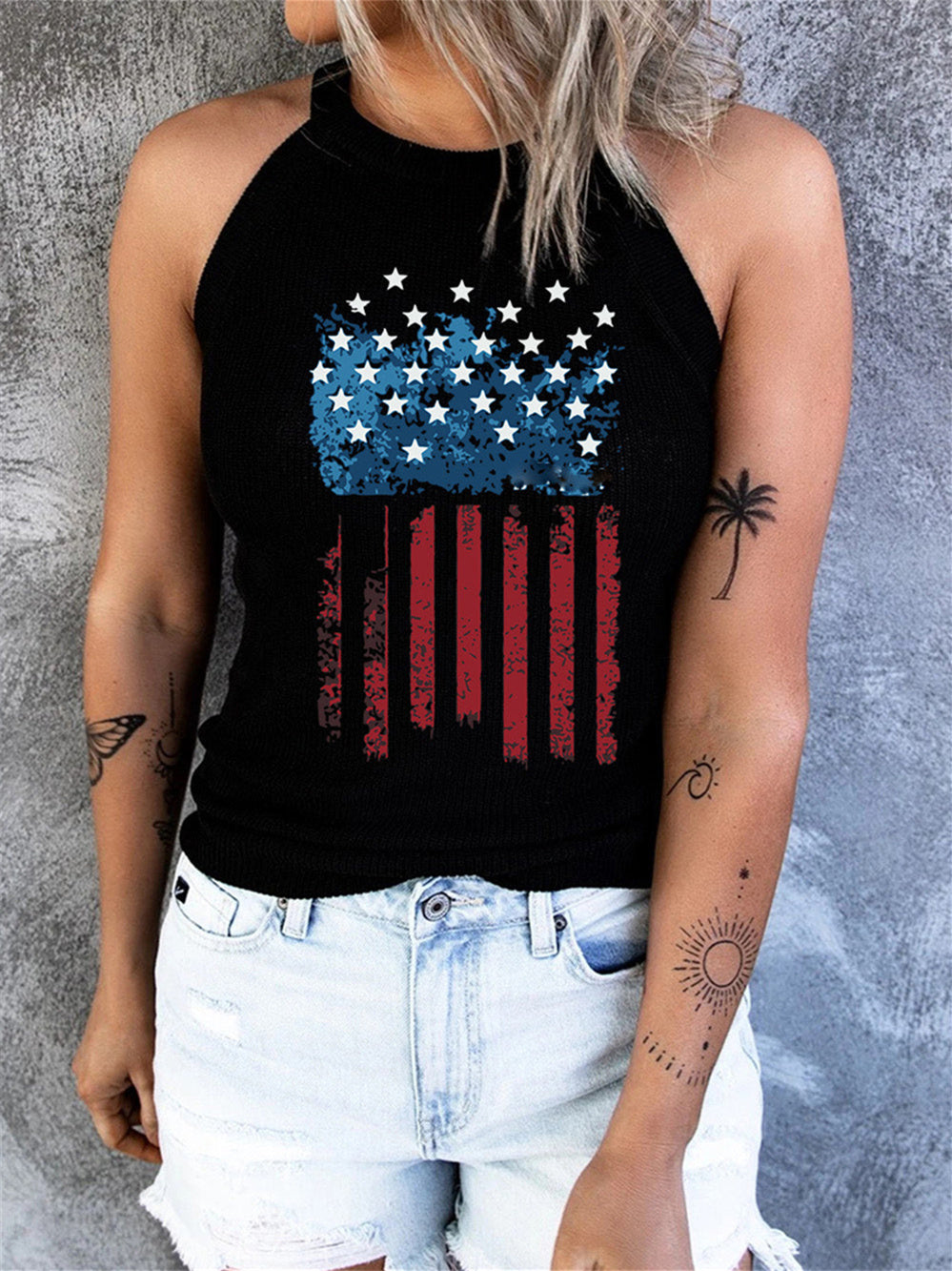 American Flag Print Crew Neck Vest