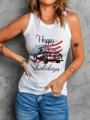 Camiseta ajustada sin mangas con estampado de coche y bandera estadounidense "Happy Holidays"