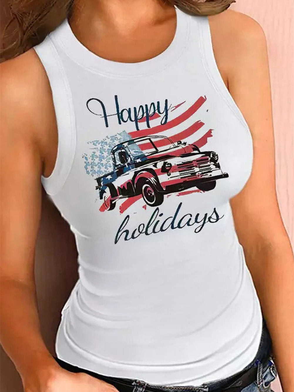 Camiseta ajustada sin mangas con estampado de coche y bandera estadounidense "Happy Holidays"