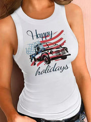 Happy Holidays American Flag Car Print Tight Tank Top