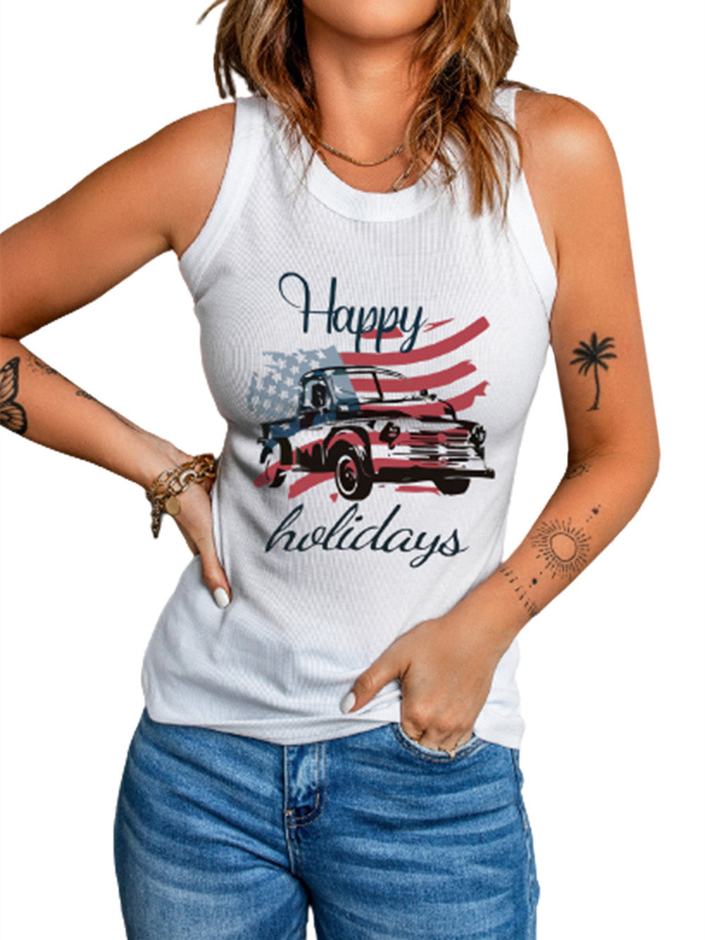 Camiseta ajustada sin mangas con estampado de coche y bandera estadounidense "Happy Holidays"