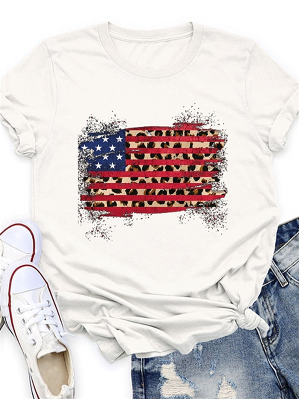 American Flag Leopard Print Short Sleeve T-shirt