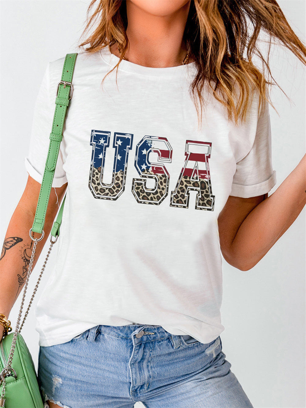 American Flag Letter Leopard Print Short Sleeve T-shirt