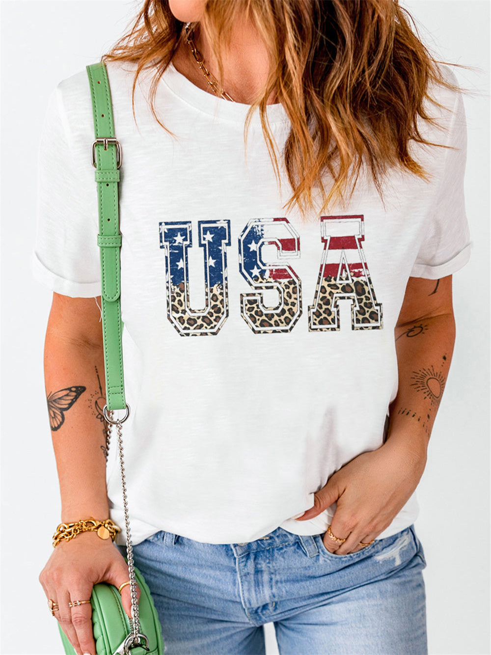 American Flag Letter Leopard Print Short Sleeve T-shirt