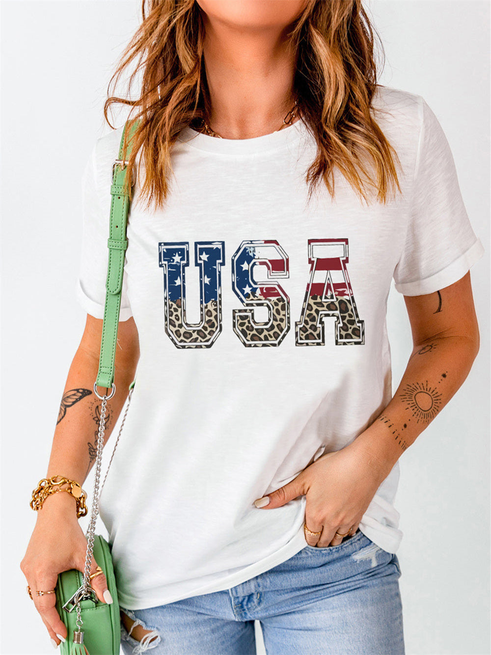 American Flag Letter Leopard Print Short Sleeve T-shirt