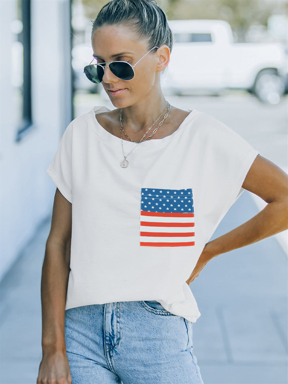 American Flag Pocket Cold Shoulder Top