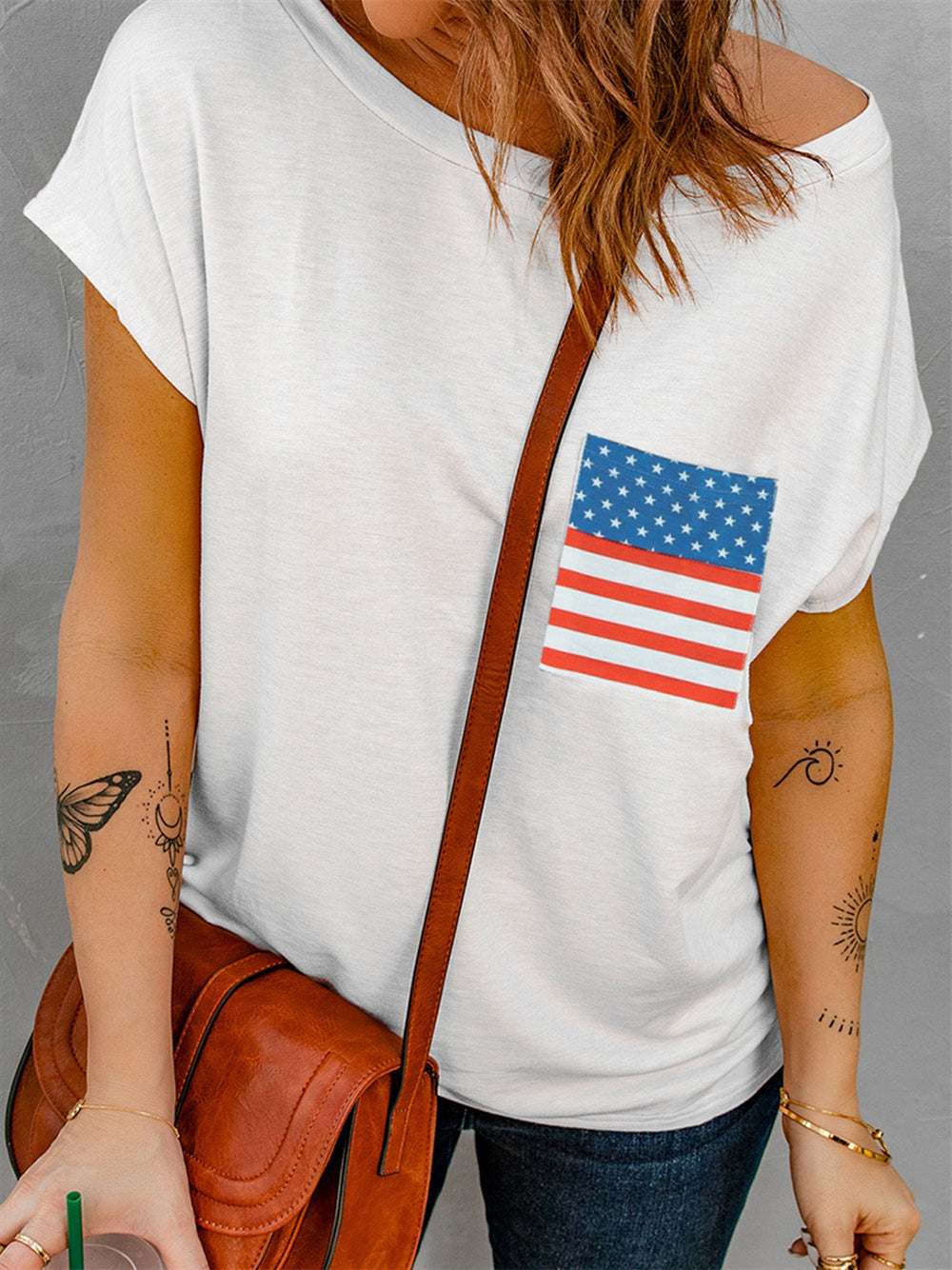 American Flag Pocket Cold Shoulder Top