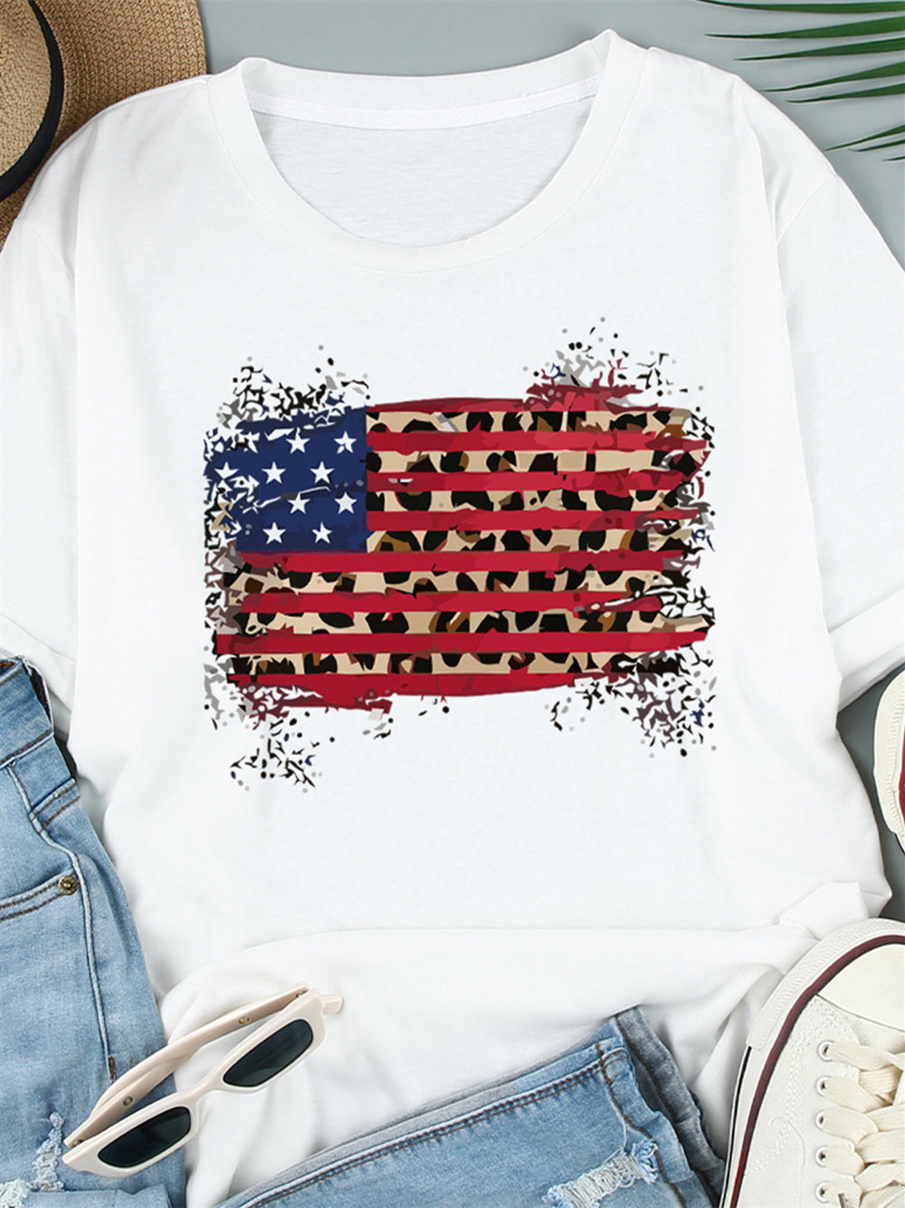 American Flag Leopard Print Short Sleeve T-shirt