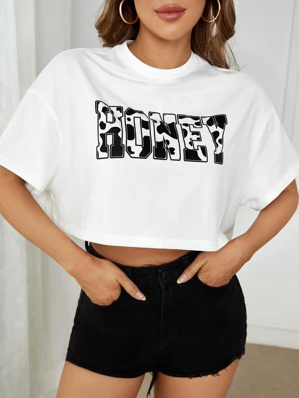 Letter & Cow Print Drop Shoulder Crop Tee