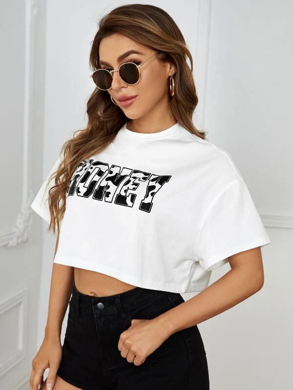 Letter & Cow Print Drop Shoulder Crop Tee