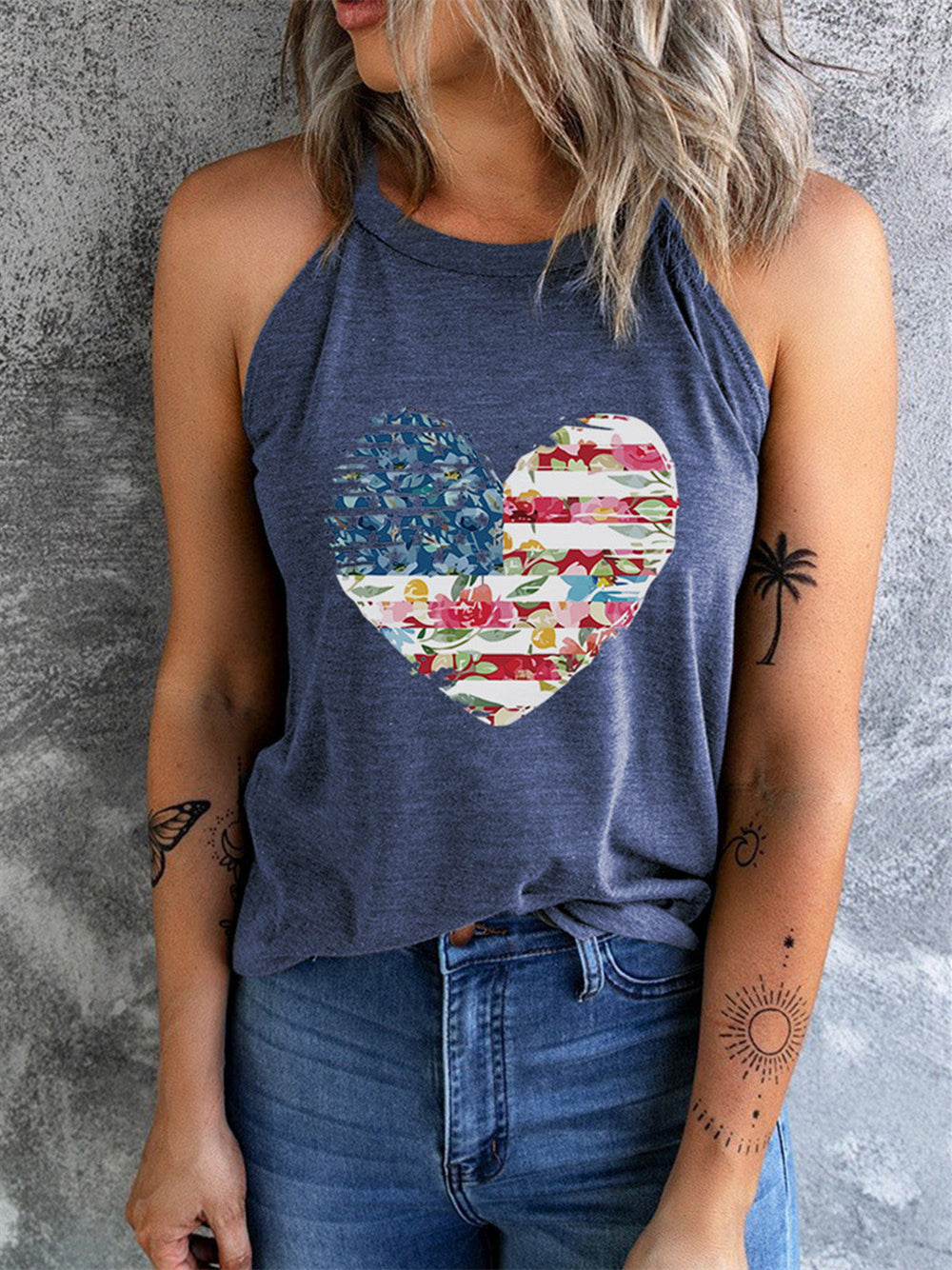 American Flag Floral Heart Print Short Sleeve Vest