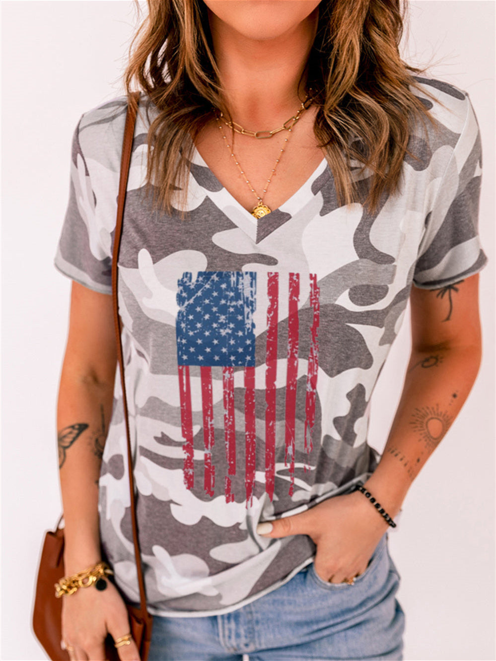 American Flag Camouflage Print Short Sleeve V-Neck T-Shirt