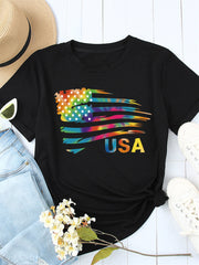 Kurzärmliges T-Shirt mit Batik-Grafikdruck und amerikanischer Flagge 