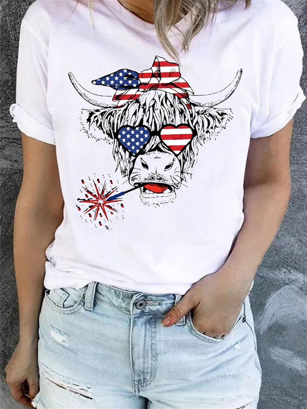 Amerikanische Flagge Kuh Kurzarm Patriotisches T-Shirt