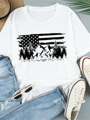 American Flag Mountain Print Crew Neck Shirt