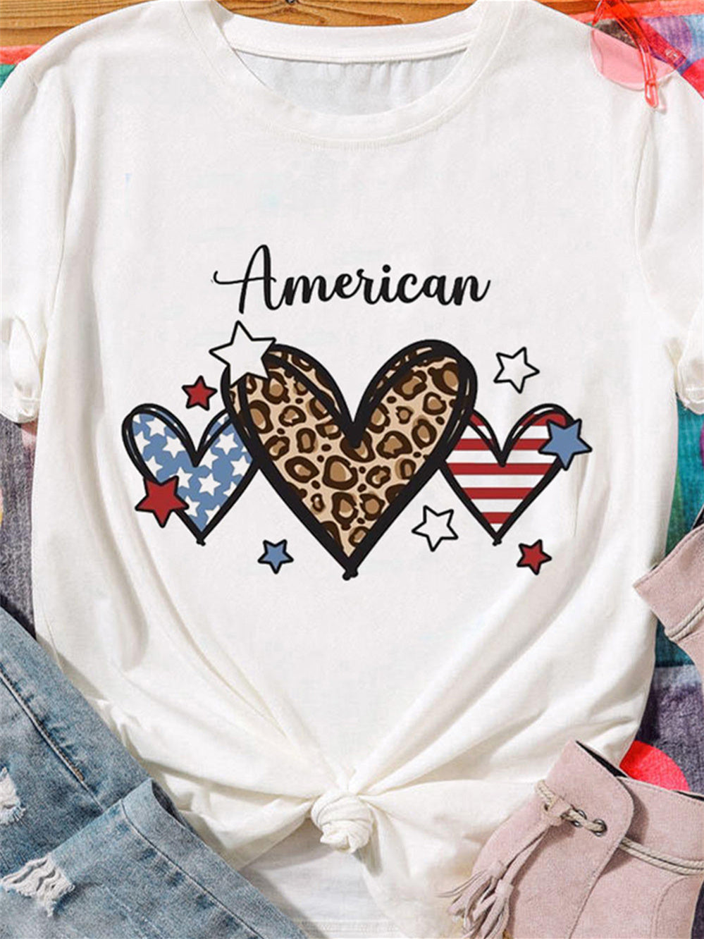 American Flag Leopard Print Heart Print Short Sleeve Top