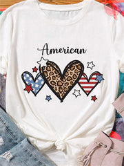 American Flag Leopard Print Heart Print Short Sleeve Top