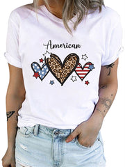 American Flag Leopard Print Heart Print Short Sleeve Top