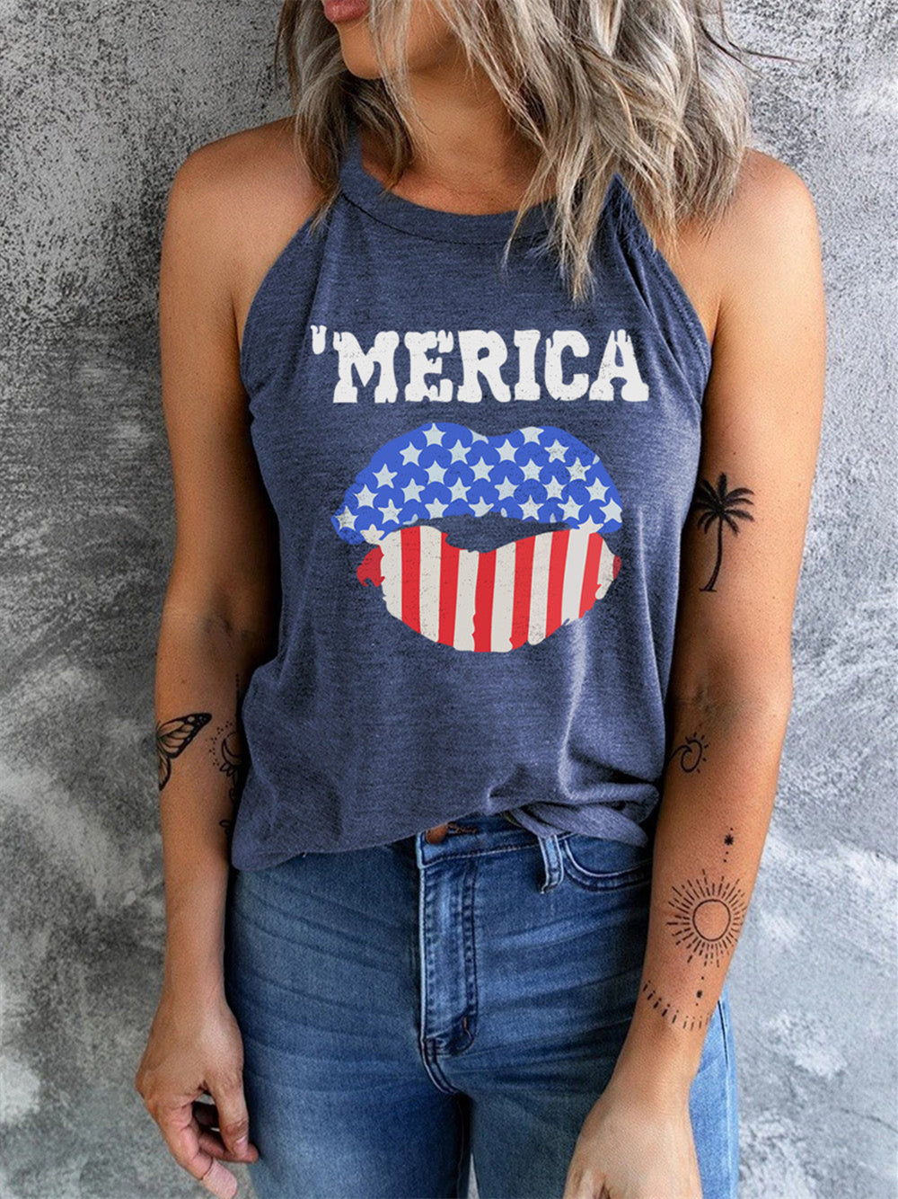 American Flag Lip Print Slim Fit Vest