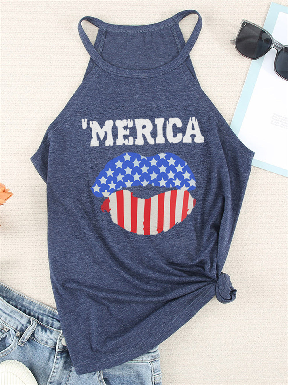 American Flag Lip Print Slim Fit Vest