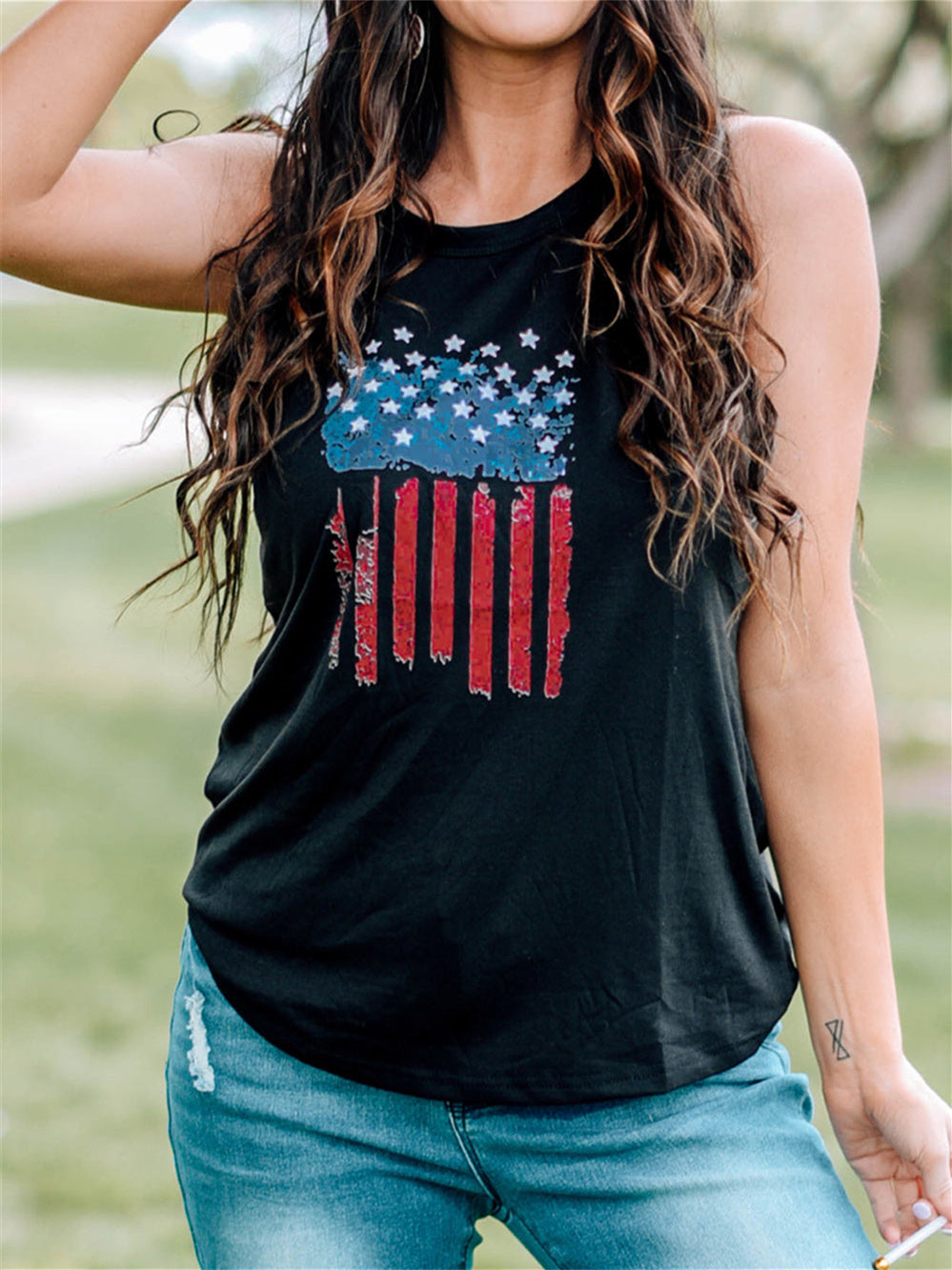 American Flag Print Crew Neck Vest