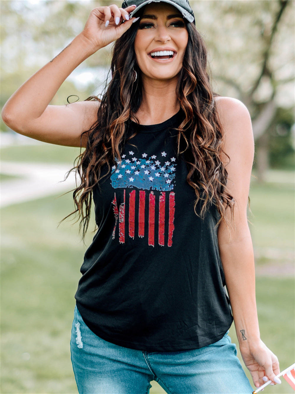 American Flag Print Crew Neck Vest