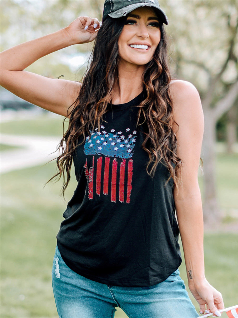 American Flag Print Crew Neck Vest