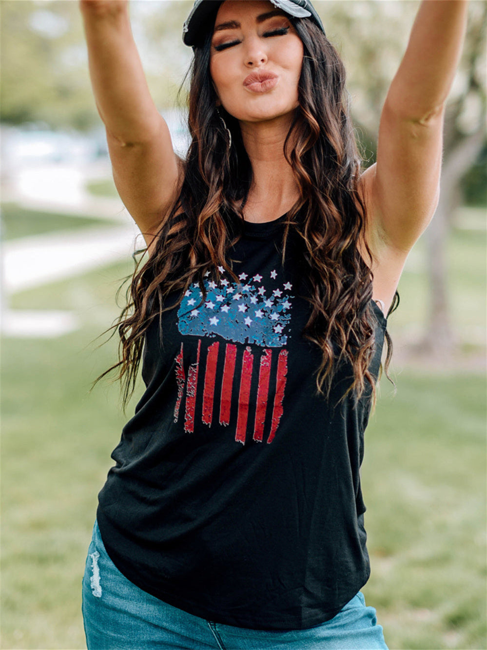 American Flag Print Crew Neck Vest