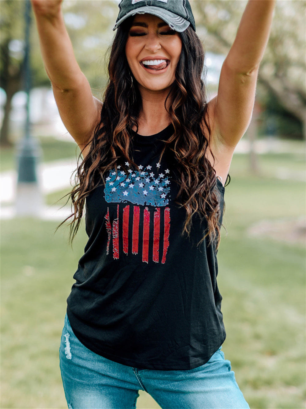 American Flag Print Crew Neck Vest