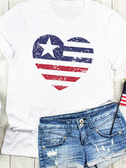 American Flag Heart Print Crew Neck T-shirt