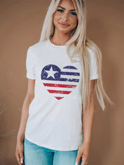 American Flag Heart Print Crew Neck T-shirt