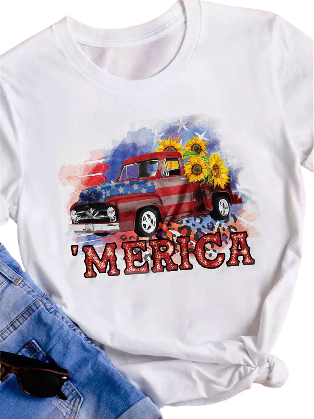 American Flag Car Sunflower Print Crew Neck Graphic T-shirt