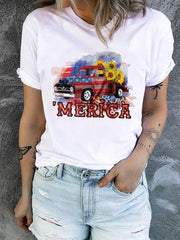 American Flag Car Sunflower Print Crew Neck Graphic T-shirt