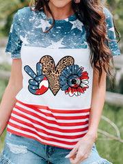 American Flag Sunflower Heart Color Block Pattern T-shirt