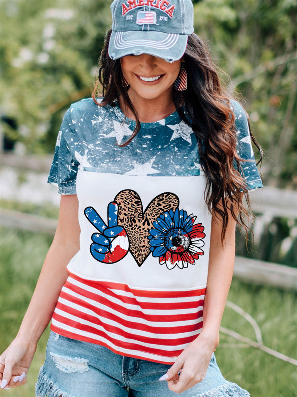 American Flag Sunflower Heart Color Block Pattern T-shirt