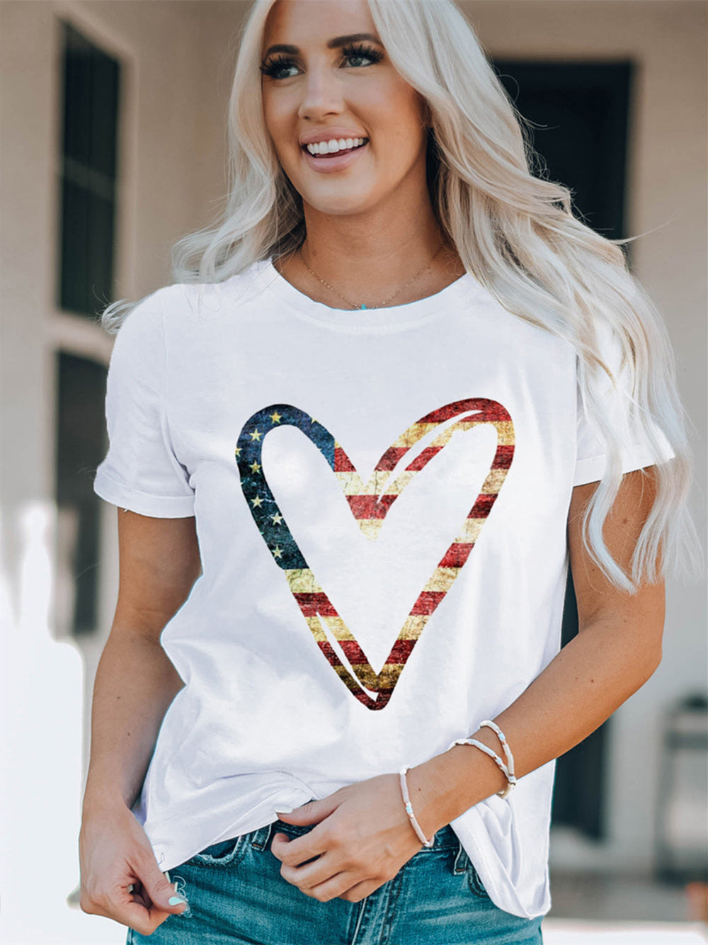 American Flag Heart Silhouette Print Short Sleeve T-Shirt