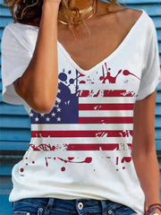 White American Flag Print V-Neck Loose T-Shirt
