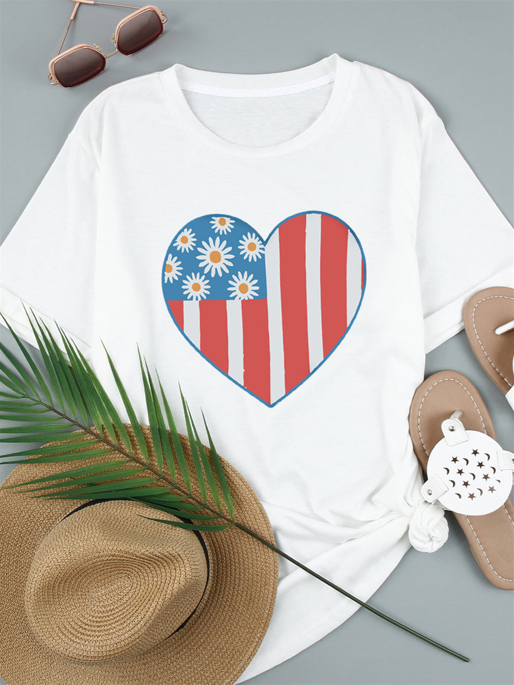 American Flag Chrysanthemum Heart Print T-shirt
