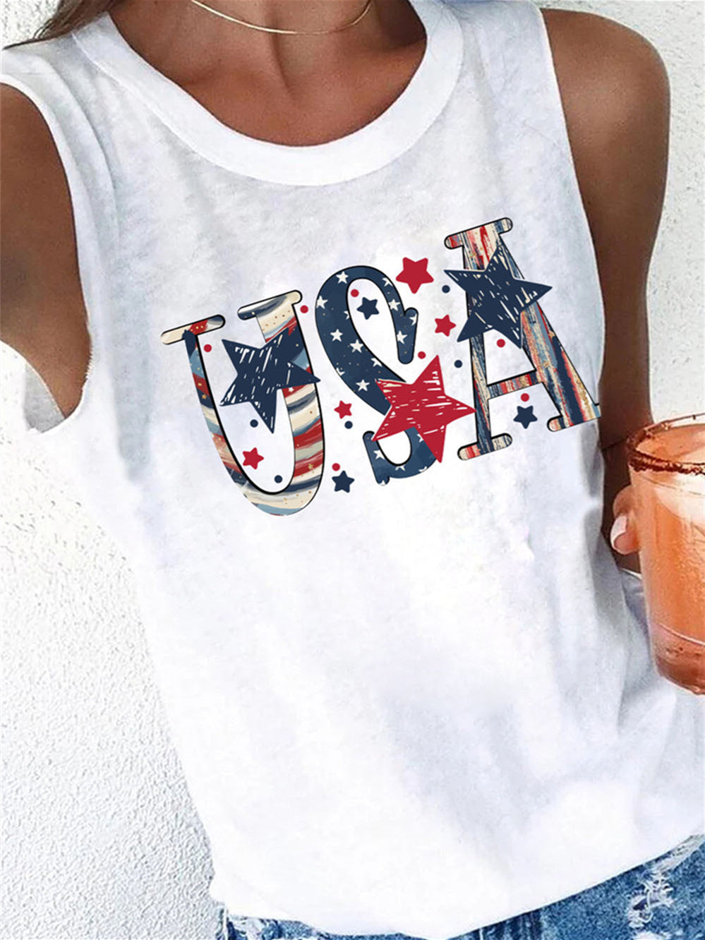 Women's American Star Print Vest Basic Top