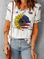 Camiseta de manga corta con bandera estadounidense y girasol 