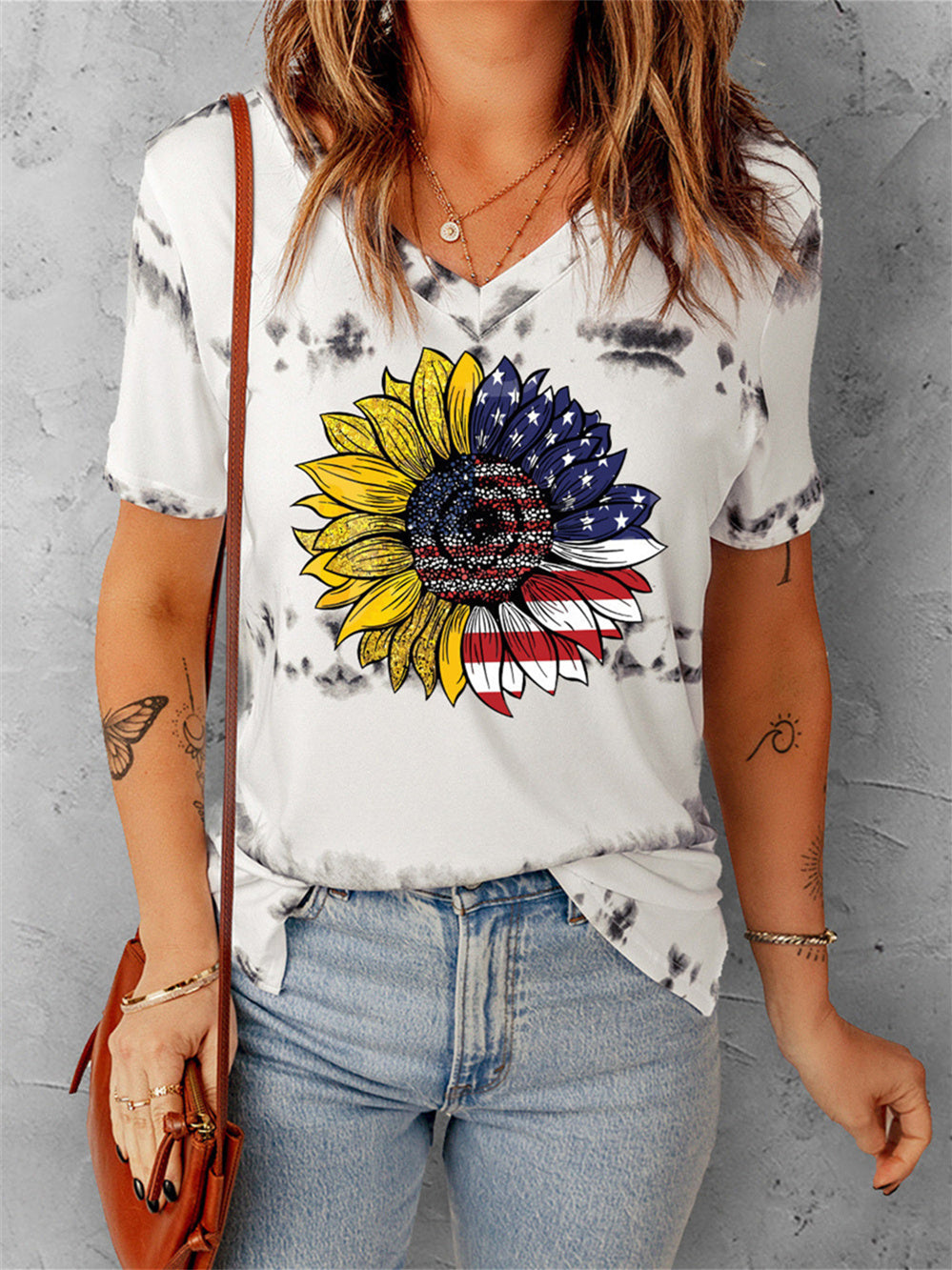 Sonnenblumen Amerikanische Flagge Kurzärmeliges T-Shirt 