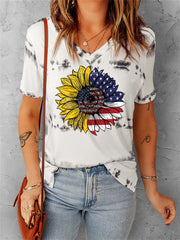 Camiseta de manga corta con bandera estadounidense y girasol 