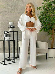 Women's Long-sleeved Three-piece Nightgown Bow Home Service
