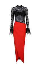 SplIced Lace Feather Slit Dress in Black And Red