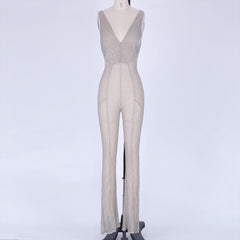 V Neck Sleeveless Mesh Bodycon Jumpsuit