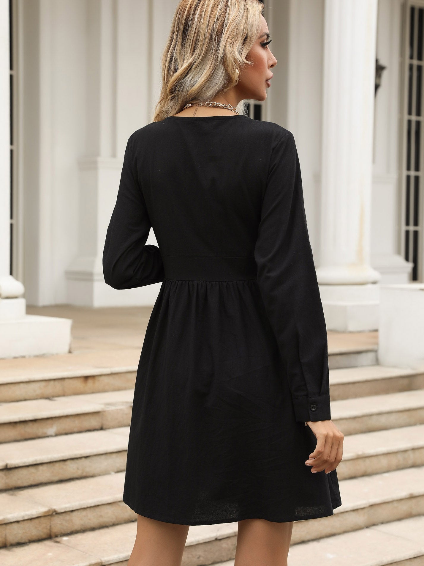 Black V-Neck Long Sleeve Shirt Dress