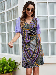 printed mid-waist dress V-neck slim skirt