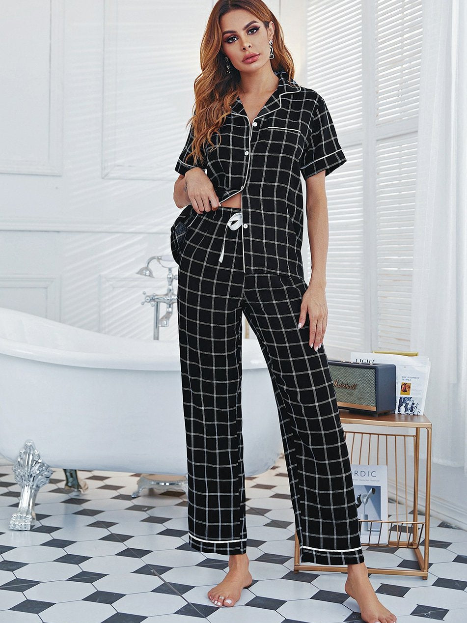 Black Grid Cardigan Pajamas